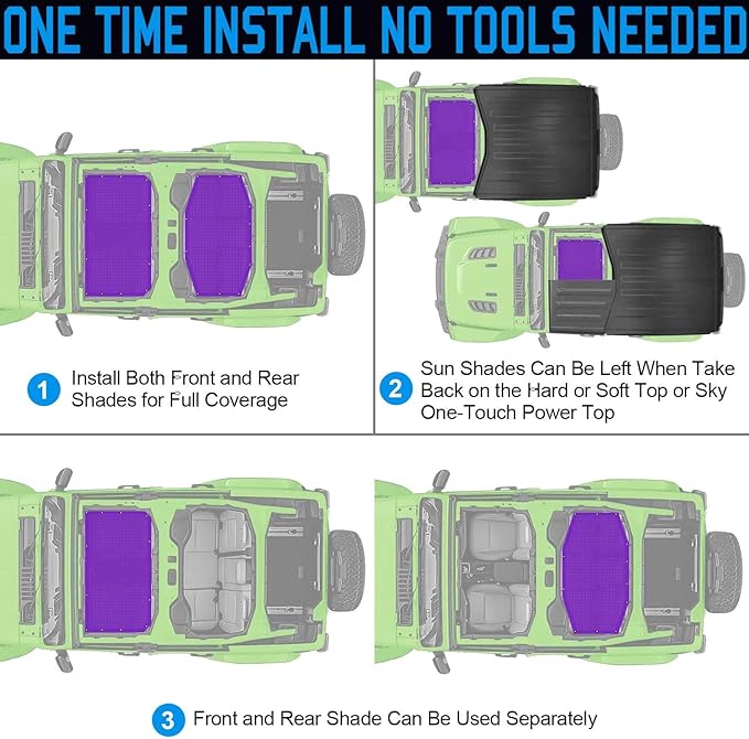 JL Top Sun Shade Roof Compatible with Jeep Wrangler 2 or 4 Door 2018 to 2023 Sunshade Sunroof Blocks UV Wind Noise Purple Mesh for Front and Rear 2 pcs