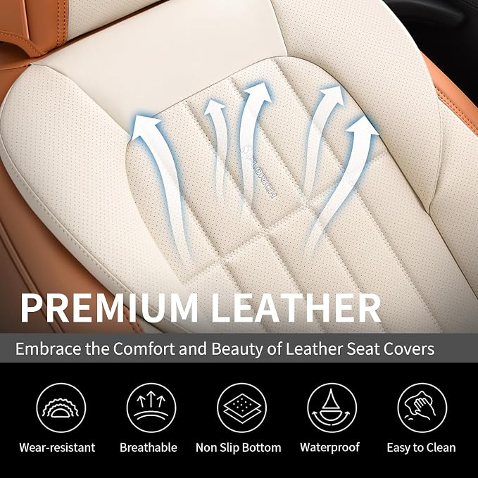 FLORICH Car Seat Covers Full Set, Leather Seat Covers for Cars, Waterproof Car Seat Protectors 5 Seats, Front and Rear Seat Covers for Cars, Automotive Seat Protector Fit for Most Car SUV - BrownBeige