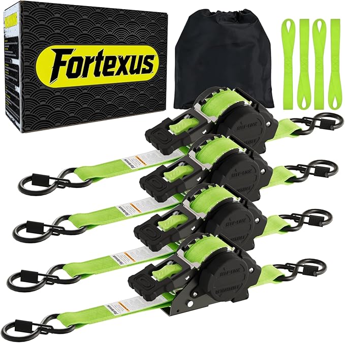 Retractable Ratchet Straps,1'' x 12' Tie Downs Automatic Retractable Ratchet Straps 1760lb Break Strength for Trailer,Motorcycle,Scooter,Pickup Truck,UTV,Kayak(Neon Green,4 Pack)