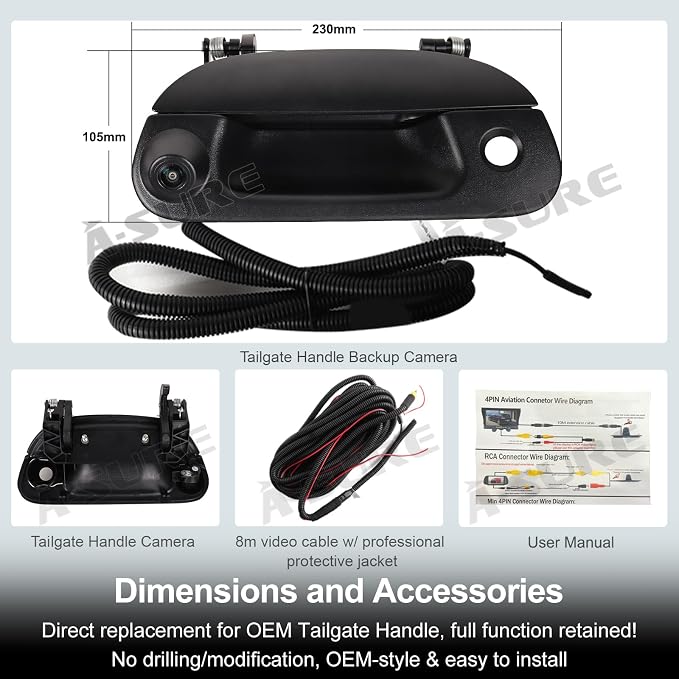 ASURE Backup Camera Tailgate Handle for Ford F-150 F-250 F-350 1997-2003 | 1080P HD, 170° View, Starlight Night Vision, IP68 Waterproof, RCA/CVBS, No-Drill, Super Duty 1998-2004, Sport Trac 2001-2005
