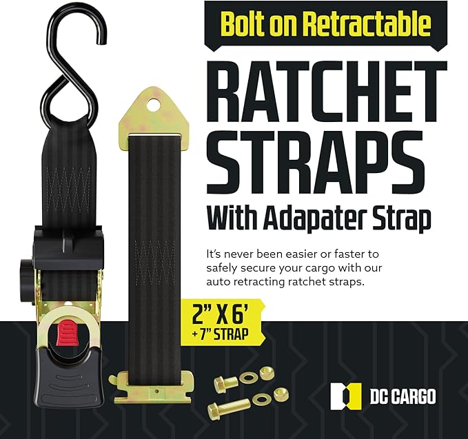 DC Cargo Mall Bolt-on E Track Auto Retractable Ratchets Straps Heavy Duty (2 Pack) 2 Inch x 6 Ft - Retractable Ratchet Tie Down Straps for Boats, Jet Skis, Motorcycles, ATVs - 4,000 lbs Break Strength