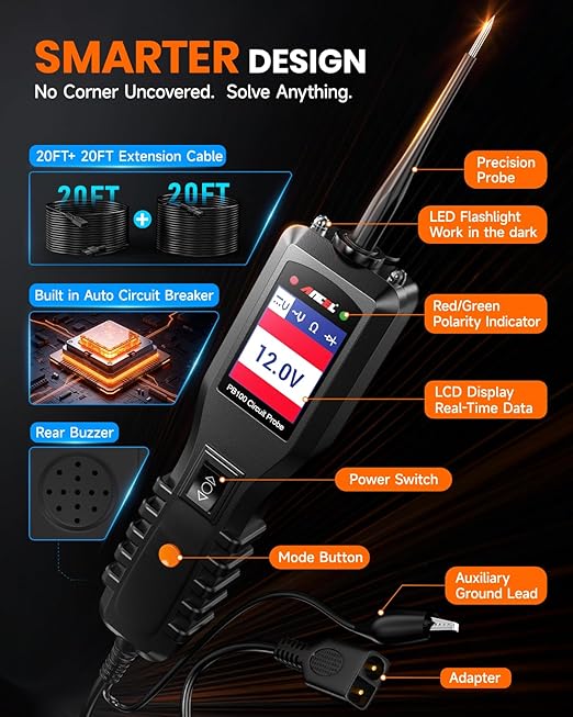 ANCEL PB100 Automotive Power Circuit Probe, 12-24 VDC Car Electrical Diagnostic Tool, AC/DC Voltage Current Resistance Short Detection, Trailer Fuse Tester, Digital Voltmeter Ohmmeter, 40FT Cables
