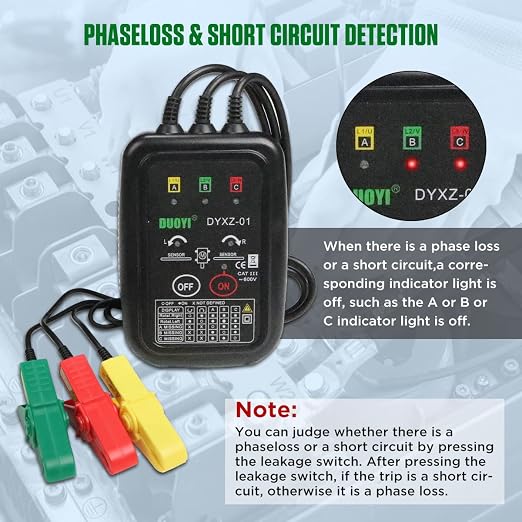 Phase Rotation Meter 3 Phase Sequence & Motor Rotation Tester, Non Contact Voltage Tester Short Detection 70V~600V AC Live Wire Inspection, with 23.62inch Cable Length,Carrying Bag