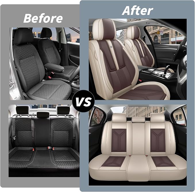 Arazi Fit for 98% of Mazda Seat Covers, 360° Full Wrap Original Seat Cover, Waterproof Nappa Leather Seat Covers with Big Space Storage Pocket Seat Protector（5 Seats Standard, Beige&Brown）