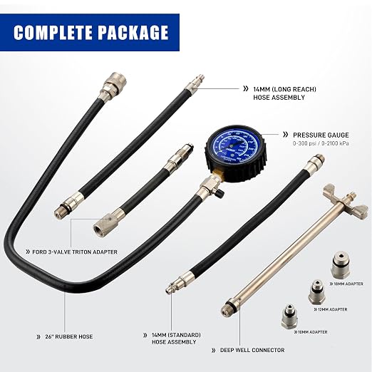 Engine Compression Tester Kit | 0-300 psi/20.7 Bar | Cylinder Compression Gauge, Multi-Size Spark Plug Adapters for Gasoline Engines