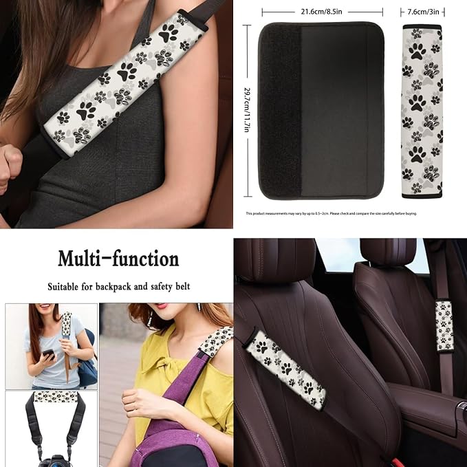 Dog Paw Print Car Seat Covers Full Set with Car Steering Wheel Cover Auto Center Console Pad Cover Seat Belt Pads 8 Pcs Automotive Interior Accessories Set for Women