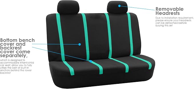 FH Group Automotive Seat Covers Unique Flat Cloth Mint Full Set, Combo Steering Wheel Cover and Seat Belt Pads Rear Solid Bench Universal Fit for Vans Cars Trucks and SUV Interior Accessories