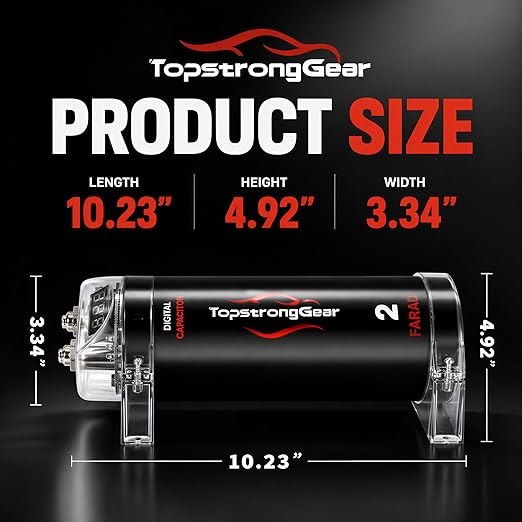 TOPSTRONGGEAR 2 Farad Digital Power Capacitor for Car Audio System, Performance Car Audio Capacitors with LED Digital Display, Voltage Readout, Surge Protection, Mounting Hardware, 12V/24V Compatible