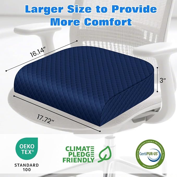 Seat Cushion for Office Chair, Memory Foam Chair Cushions, Car Seat Cushion for Long Sitting, Desk Chair Cushion for Pressure Relief, Non-Slip Bottom, Washable Cover, Large, Blue