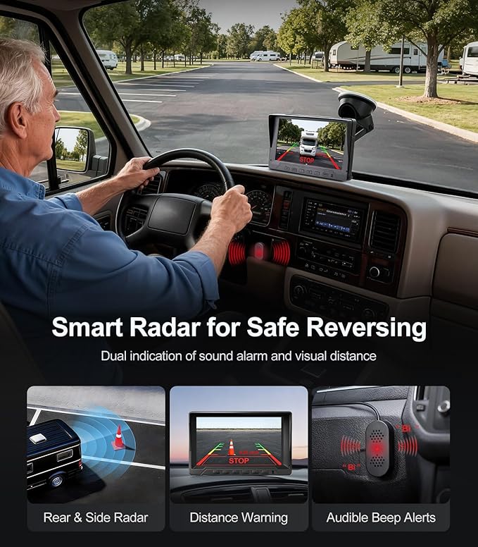 1080P Backup Camera with Backup Sensors Parking Distance Control (PDC) System+Right Side Blind Spot Radar Sensor, Back up Camera with 7'' Monitor for Cars/Truck/RV/Trailer (Back+Right Camera)
