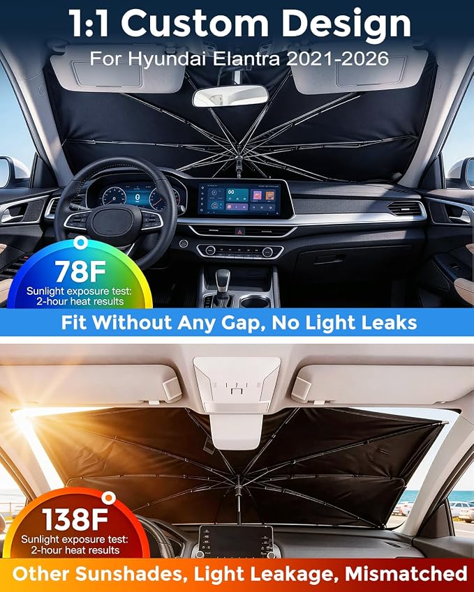 Weektic Custom Windshield Sun Shade Umbrella for Hyundai Elantra 2021-2026, [Double Thickened Ice Crystal Coating] Sun & Heat Protection, Keep Vehicle Cool & Protect Interior