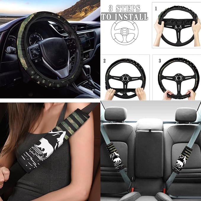 Tupalatus Flag Mountain Car Seat Covers Car Coaster Steering Wheel Cover Seat Belt Shoulder Pads Gear Shift Knob Cover Handbrake Brake Cover Universal Auto Accessories 9 Pack Decor