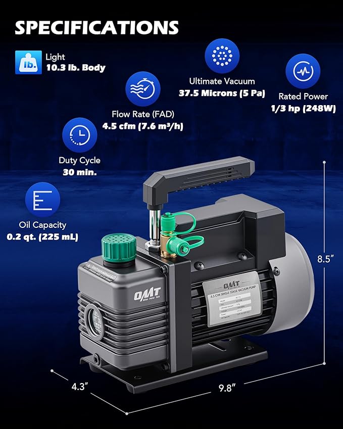 Orion Motor Tech Vacuum Pump, 4.5 cfm 1/3 hp HVAC Single Stage Vacuum Pump for R12 R22 R134a R410a R502, Auto AC Vacuum Pump Kit for Automotive Air Conditioner Resin Degassing & More, Oil Included
