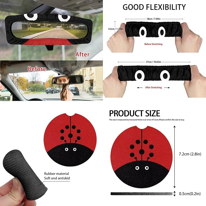 Ladybug Car Seat Covers Full Set for Women Cute Car Accessories Interior Car Steering Wheel Cover Seatbelt Covers Trash Bin Rear View Mirror Cover Cup Holders Keychain