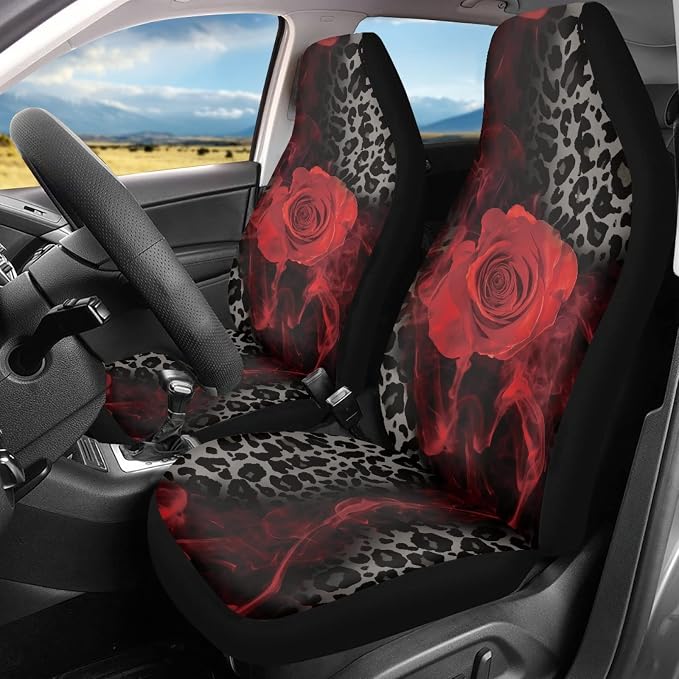 Howilath Red Rose Flowers Leopard Print Car Front Seat Covers, 10pcs Car Front Seat Covers/Steering Wheel Cover/Seatbelt Pads/Keychain/Armrest Cushion/Coasters Vehicle Seat Protector Accessories
