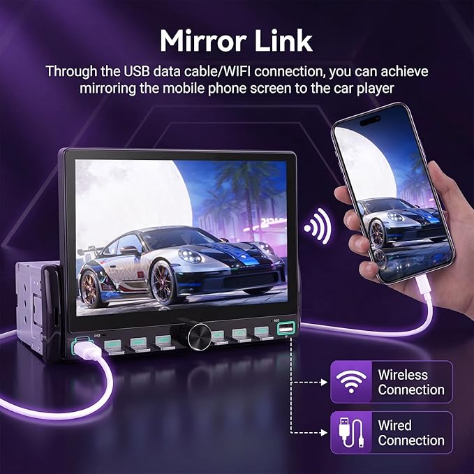 Single Din Car Stereo with Wireless A-pple Carplay Android Auto You-Tube, 7" IPS Touch Screen Car Radio 1 Din with Piano Keys Support Backup Camera Mirror Link Bluetooth FM USB EQ SWC