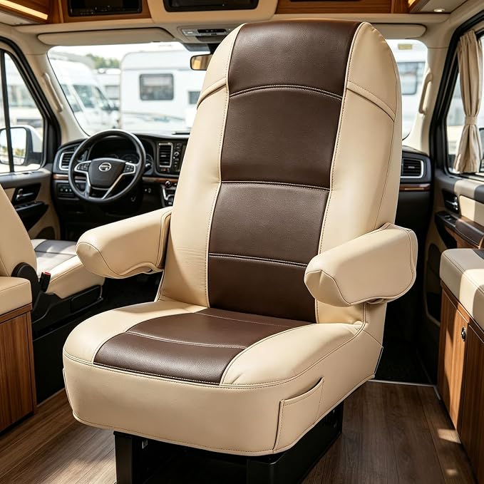 BeadChica 2 Pack RV Seat Covers-for Captains Chairs,Leather Motorhome Seat Covers for Class-A RV Seat with Arm Rest Covers,Coffee