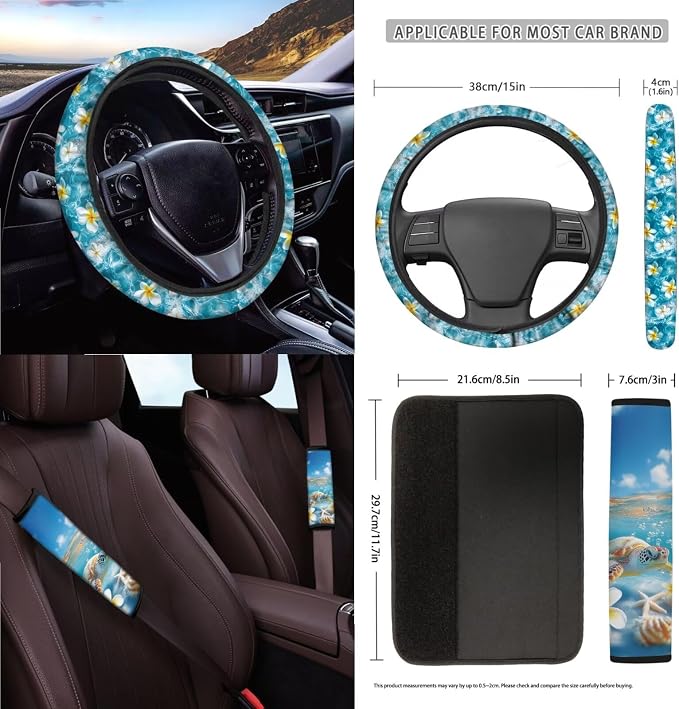 Sea Plumeria Starfish Shell Pattern Auto Accessories Set of 15, Car Seat Covers Steering Wheel Cover Seat Belt Cover Air Vent Storage Bag Keychain Trash Bin and Mirror Cover