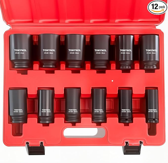 TONYNOL 1/2" Drive Deep Impact Socket Set, 6 Point Metric(24-41mm),12 Pcs,Cr-Mo Steel,Heavy Duty Sockets for Impact Wrench with Case