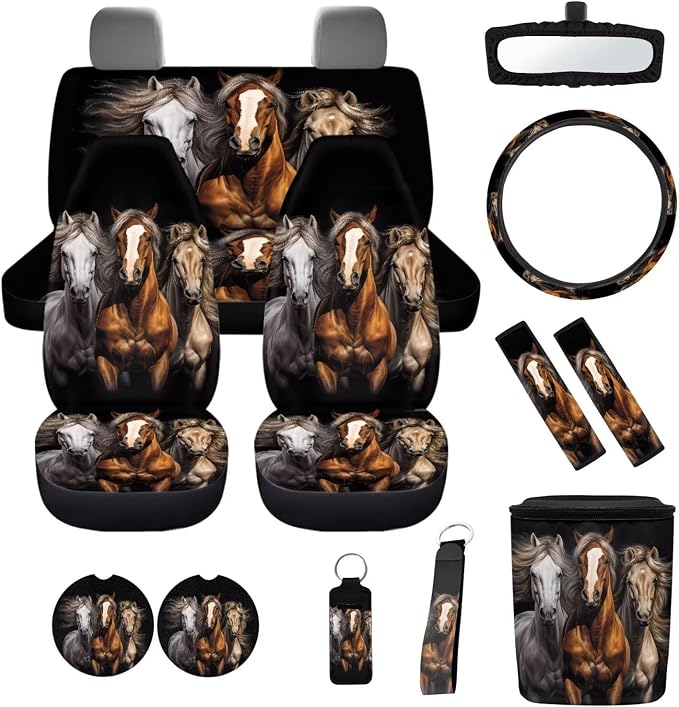 12 Pcs Automobile Seat Cover Set Western Horse Print Steering Wheel Cover Auto Seat Belt Covers Car Trash Can Keychain Holder Car Coasters Rear View Mirror Cover Keychains