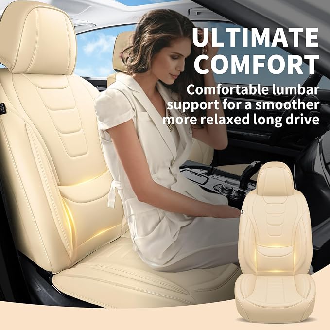 Car Seat Covers for Full Set – Waterproof & Breathable Faux Nappa Leather, 360° Wrap Design, Airbag Compatible, Lumbar Support, Perfect for Drivers Who Sweat-Breathable Design. – Beige