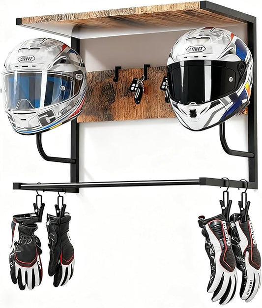 AstraLoom Heavy-Duty Motorcycle Helmet Wall Mount with 4 Glove Clips & 4 Utility Hooks - Universal Storage Rack for Helmets, Jackets & Riding Gear(Rustic Style)