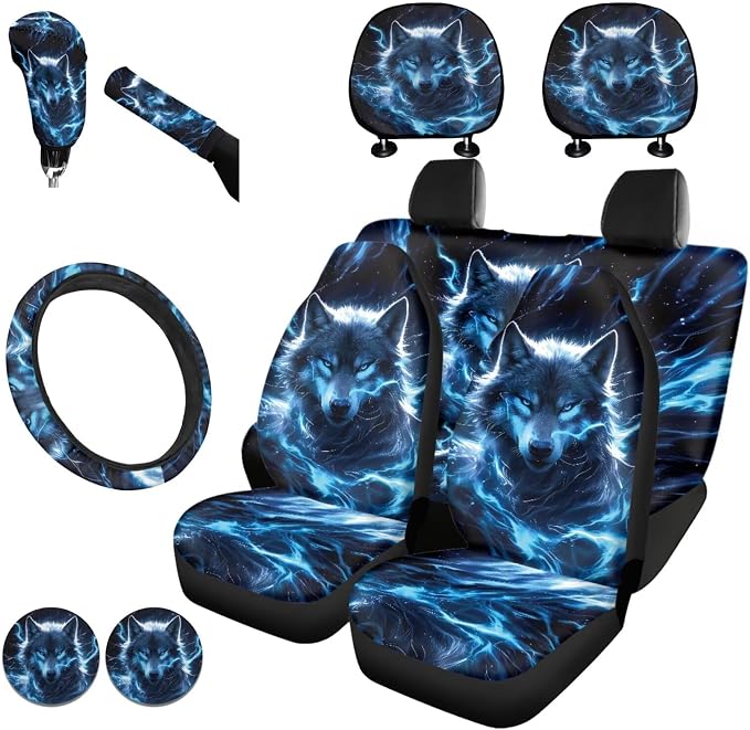 KEIAHUAN Blue Wolf Car Seat Cover Full Set for Men Includes Steering Wheel Covers, Car Holder, Handbrake and Gear Shift Knob Cover, Soft Auto Seat Head Rest Cover 11 Pieces