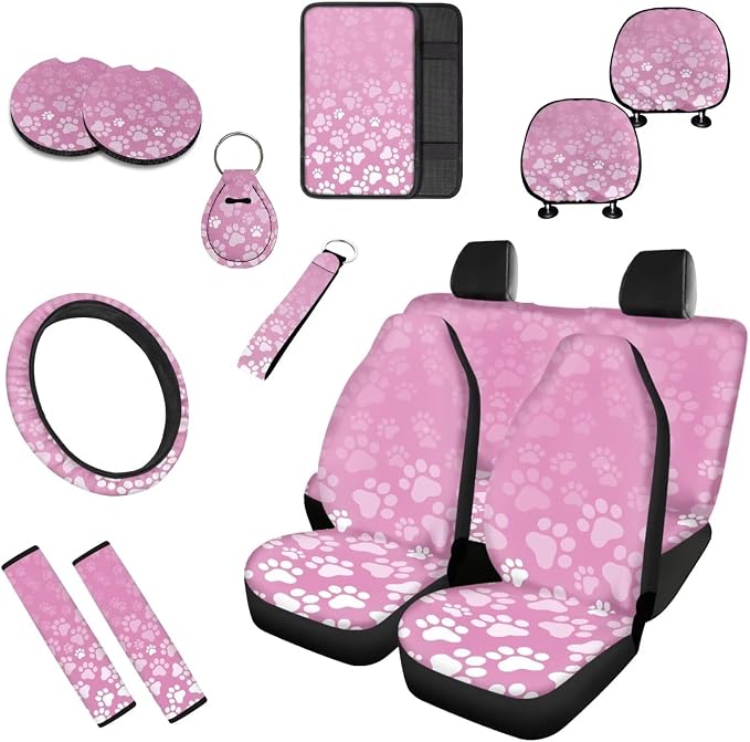 Dog Paw 13 Pack Print Car Seat Covers Full Set Pink Dog Paw Car Interior Accessories Gradient Cat Footprint Silhouette Fit Auto SUV Trucks Seat Belt Shoulder
