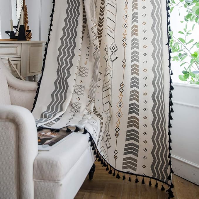 ColorBird Boho Curtains Patterned Black and White 95 Inches Semi-Blackout Light Filtering Long Window Curtains 2 Panels Cotton Drapes with Black Tassel Rod Pocket for Living Bedroom Sliding Door