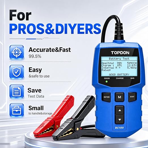 TOPDON BC100 Car Battery Tester 12V Automotive Battery Analyzer for Technicians & DIYers, 100-2000 CCA Digital Battery Load Tester, Fits Car, Truck, Motorcycle, ATV, SUV, Boat, Yacht, Golf Cart