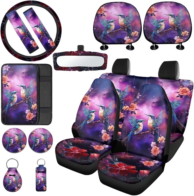 Hummingbird Rose Printed Auto Seat Protectors 15 Pieces Car Front Rear Seat Covers with Steering Wheel Cover Seat Belt Cover Car Inside Rearview Mirror Cover for Women Men Post Gym