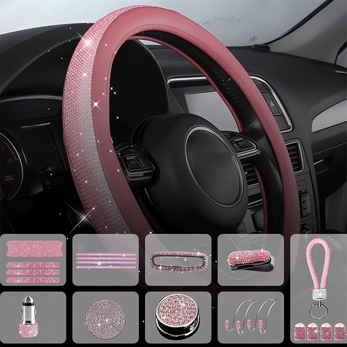 Guoord 33-Piece Bling Car Accessories Set for Women - Rhinestone Steering Wheel Cover, Diamond Door Stickers, Auto Hooks, Vent Outlet Trim, Tire Valve Stem Caps, and Cup Holders (Pink)