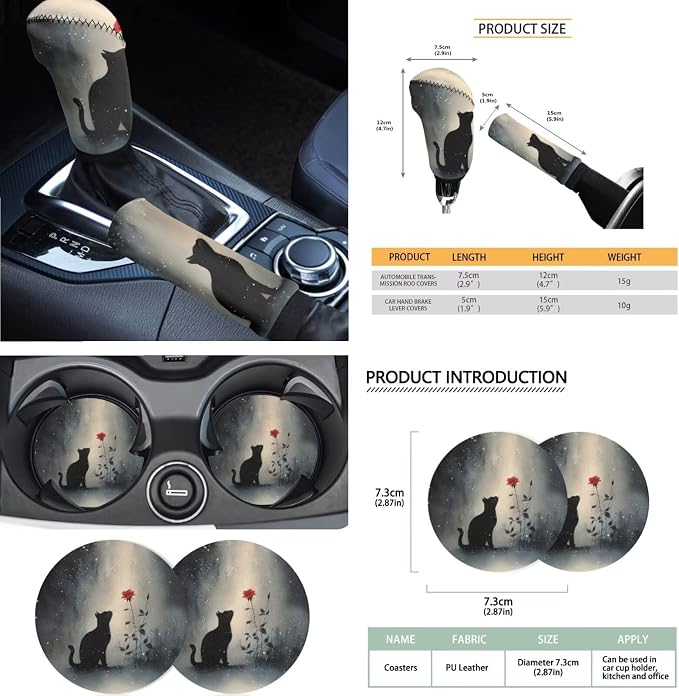 Cat Rose Print Car Seat Cover for Front and Back Seats with Headrest Covers Steering Wheel Cover Safety Belt Pads Armrest Cushion Gear Shift Lever and Handbrake Covers Keychain