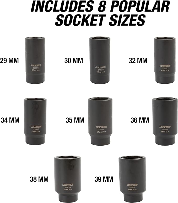 OEMTOOLS 37321 8 Piece 1/2 Inch Drive Axle Nut Socket Set, 12 Point Set, 29mm, 30mm, 32mm, 34mm, 35mm, 36mm, 38mm, and 39mm Socket Set with Case