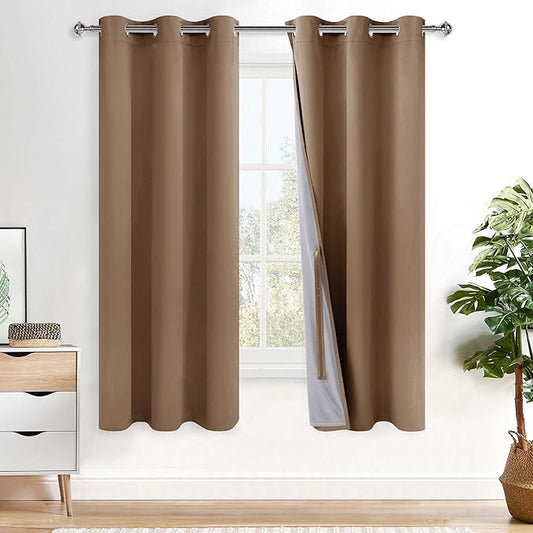 XWZO Complete Blackout Shades Window Curtain Panels with Tiebacks- Noise Reduction and Light Blocking Grommet Curtains with Black Liner for Studio, Basement, Cappuccino, W38 x L63, Set of 2 Panels
