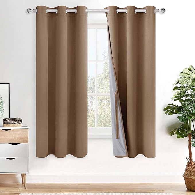 XWZO 100% Blackout Curtains 72 Inches Long with Tiebacks- Heat and Full Light Blocking, Thermal Insulated Window Panels with Grommets for Bedroom/Nursery, Cappuccino, W38 x L72, Set of 2 Draperies