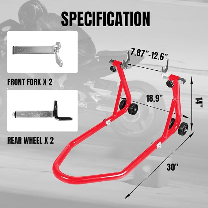 Motorcycle Stand Front and Rear Swingarm Spool Paddock Stand, 500Lbs Capacity Combo Wheel Lift Stand for Sport Bike, Fit for Yamaha Honda Kawasaki Red