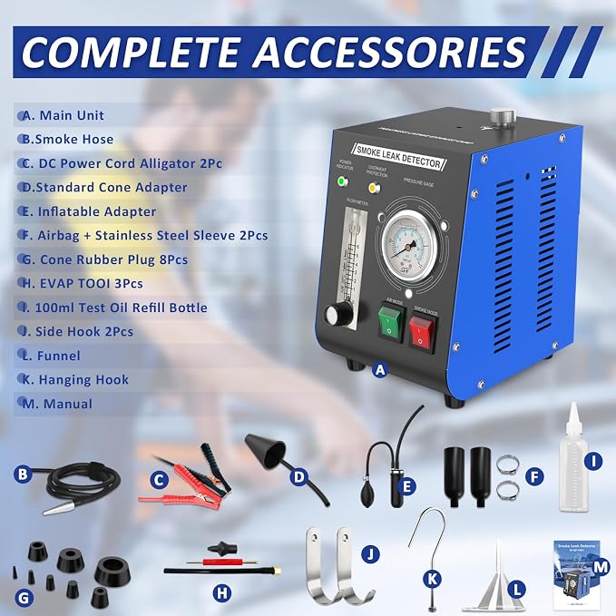 Automotive Smoke Machine, 12V DC Upgrade Leak Detector with Built-in Air Pump, Pressure Gauge & Flow Meter (YW01)
