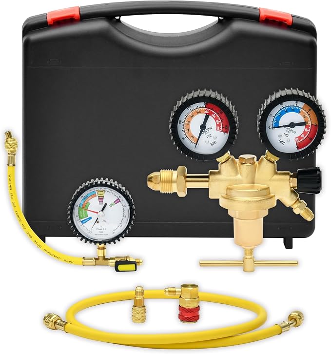 CAMPFIRE Nitrogen Pressure Regulator Kit, Automotive/HVAC Leak Testing Tool Set with CGA580 Inlet, Includes 1/4" FL-M Leak Test Adapter, 38" High Pressure Hose, R134a R410A Adapters for A/C Systems