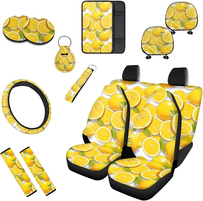 Orange Slices Car Seat Cover Full Set of 13, Watercolor Orange Slices Nonslip Car Front and Rear Beach Split Seat Cover Seatbelt Coaster, Universal Fit Auto Accessories for Interior