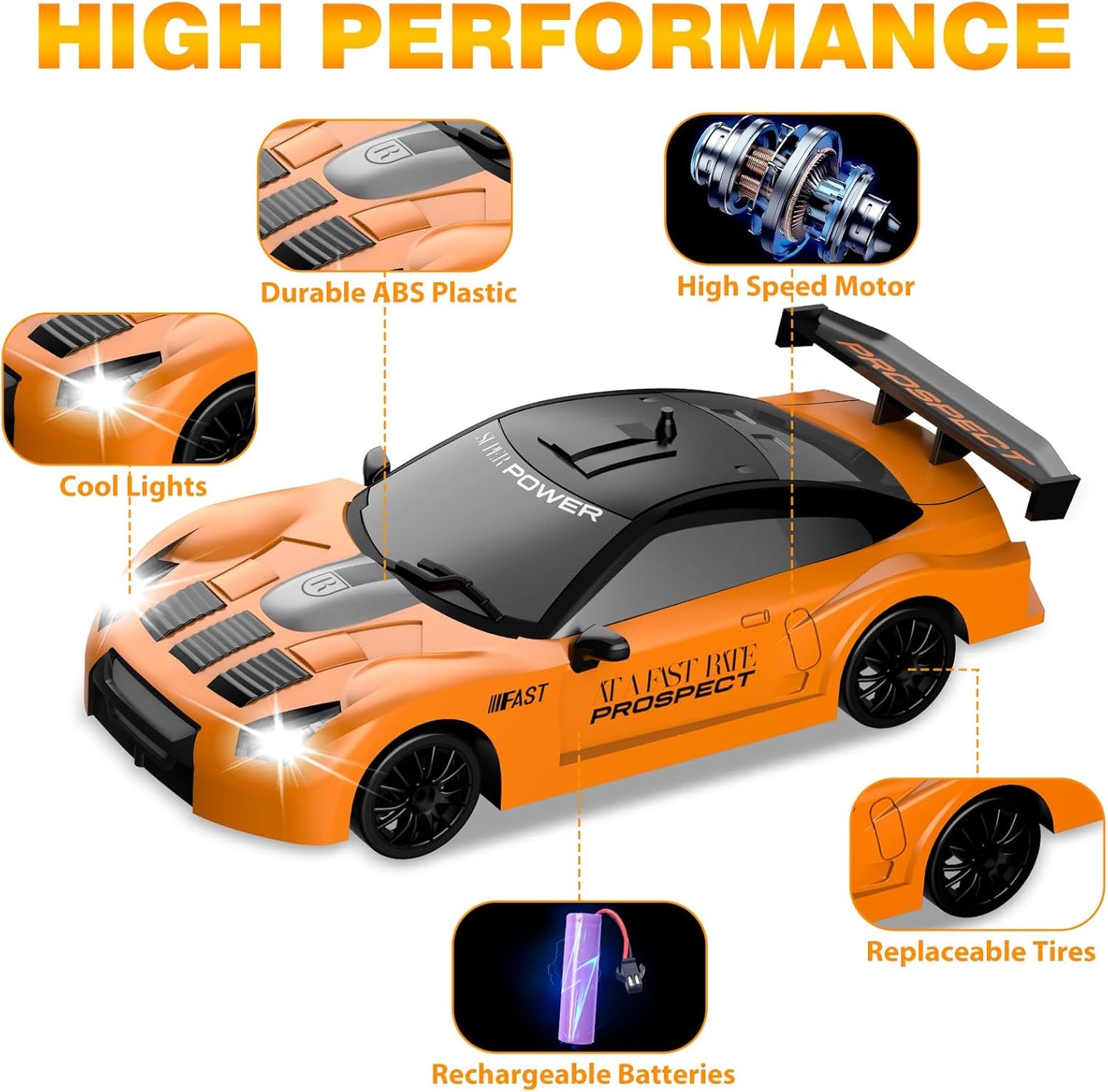 RC Drift Car 1/24 2.4GHz Remote Control Car 4WD High Speed Drifting RC Cars with LED Light and Drift Tires Racing Toy Cars for Boys Girls Kids Adults (Orange)