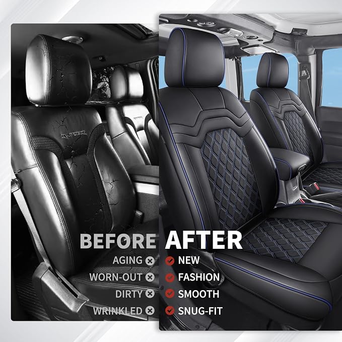 Huidasource for Jeep Wrangler JK Seat Covers 2 Door 2007-2017, Custom Fit Leather Seat Covers for Wrangler 2-Door Sport Rubicon Sahara Freedom Willys (Full Set/Black&Blue)
