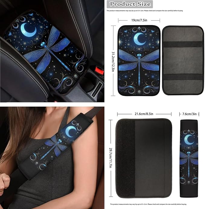 Moon Dragonfly Car Seat Covers Full Set 15 Pcs Universal Car Accessories Steering Wheel Cover Seat Belt Pads Garbage Bag Car Headrest Pillow Covers Armrest Pad