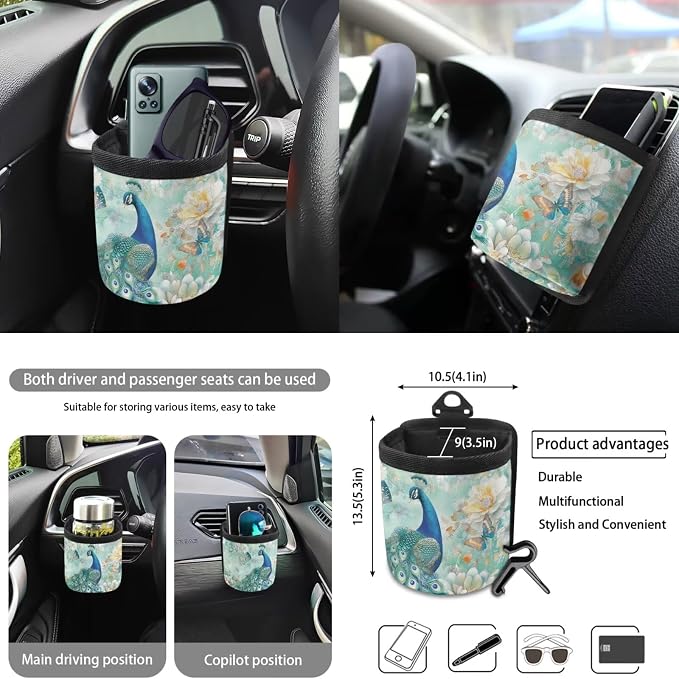 Peacock Flower Butterfly Print Auto Seat Covers Full Set, 10 Pcs Universal Fit Car Accessories Steering Wheel Cover Car Trash Bin Keychain Coasters Air Vent Storage Box