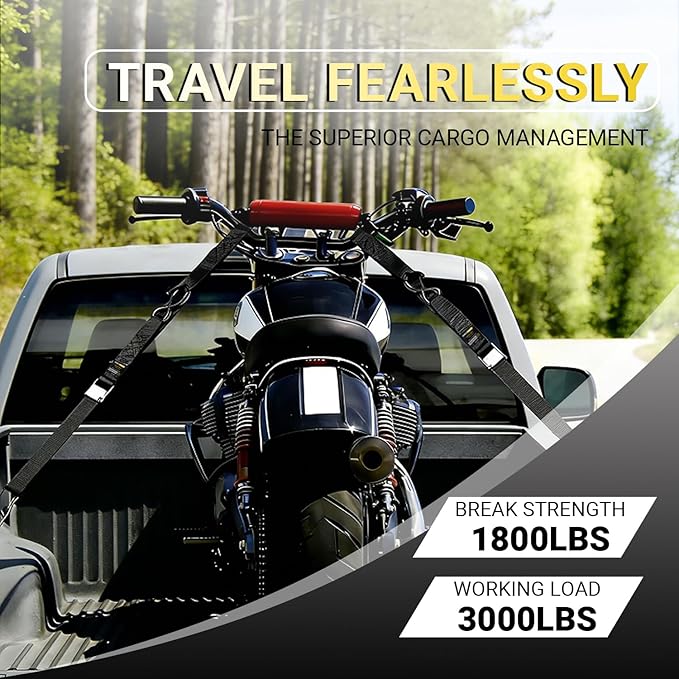 Motorcycle Tie Down Straps - 3,000lb Break Strength, 1.5 in X 8FT Heavy-Duty Cambuckle Tie Down Set with S Hook and Soft Loops - Better Than a Ratchet Strap Black
