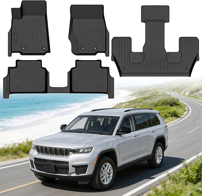 Floor Mats for Jeep Grand Cherokee L 6 Seat 2021-2025 (Not for 4XE, JL or JK), Custom Fit Heavy Duty TPE All Weather Protection, Waterproof Non-Slip Black (Three-Row Floor Mats)