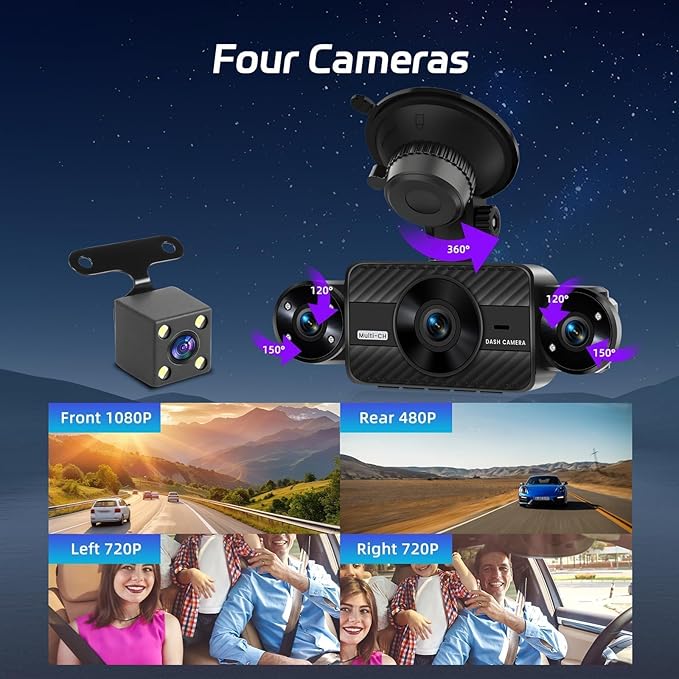 NHOPEEW Dash Cam Front and Rear Inside, 4 Channel Dash Cam 3" IPS Screen Front and Back with 8 IR Night Vision Lights, Loop Recording, 24 Hours Recording, G-Sensor, Reverse Help + 64G Memory Card