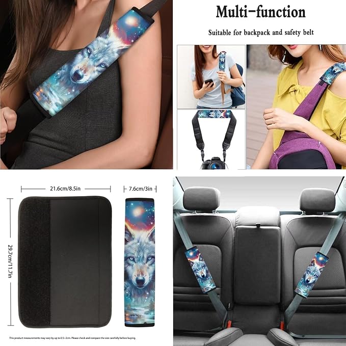 AFPANQZ Wolf Starry Sky Car Seat Covers Full Set 11 Pcs Front and Rear Bench Cushion with Steering Wheel Cover Seatbelt Pads Neoprene Handbrake and Gear Shift Knob Cover Decor Car Coasters