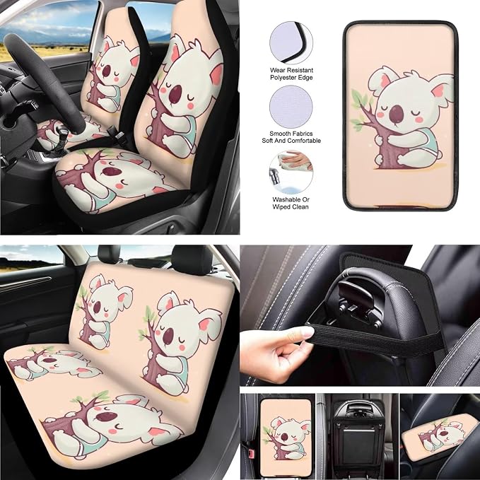 13 PCS Sleepy Koala Car Seat Covers for Women, Cartoon Koala Bear Auto Steering Wheel Cover, Australia Wildlife Animal Seat Belt Cover Armrest Pad Universal for Cars