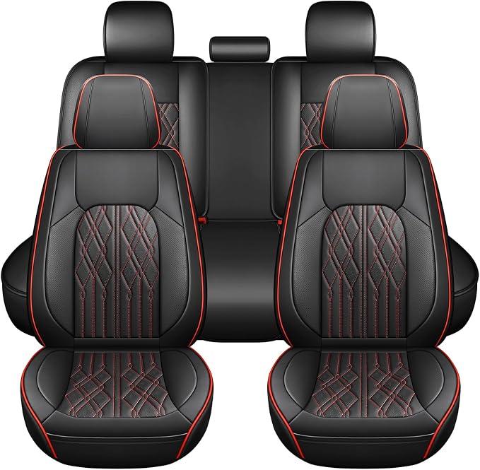 Huidasource Car Seat Covers Full Set, Leather Seat Cover Universal Fit for Most Cars Sedans SUVs Trucks, Airbag Compatible, Cup Holder Access, Easy Install, Wipes Clean, Wear-Resistant, Black&Red